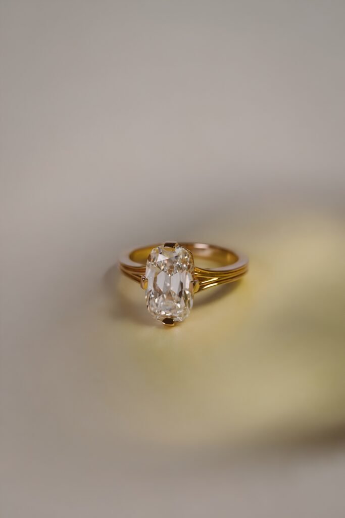 Elongated antique cushion-cut engagement ring