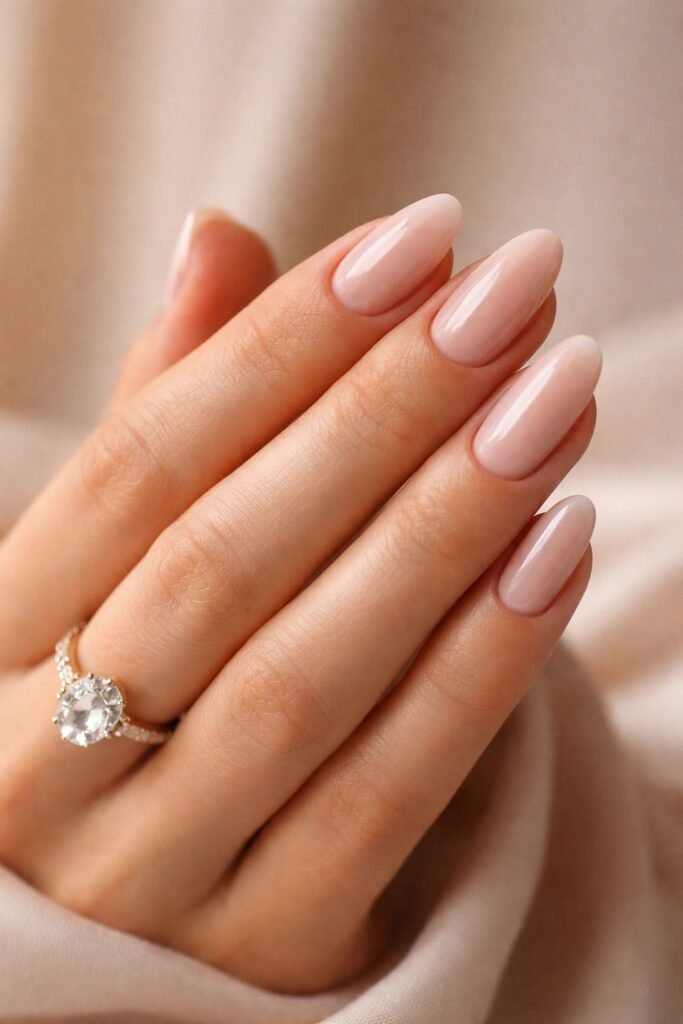 Bare glossy natural nails with a solitaire ring