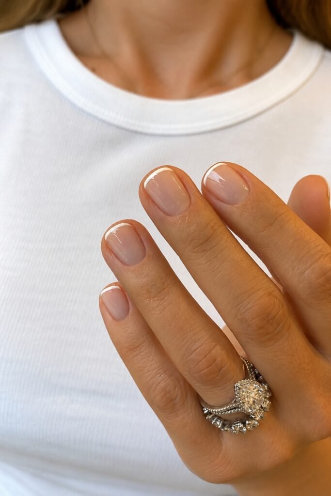 Barely-there French manicure with an engagement ring