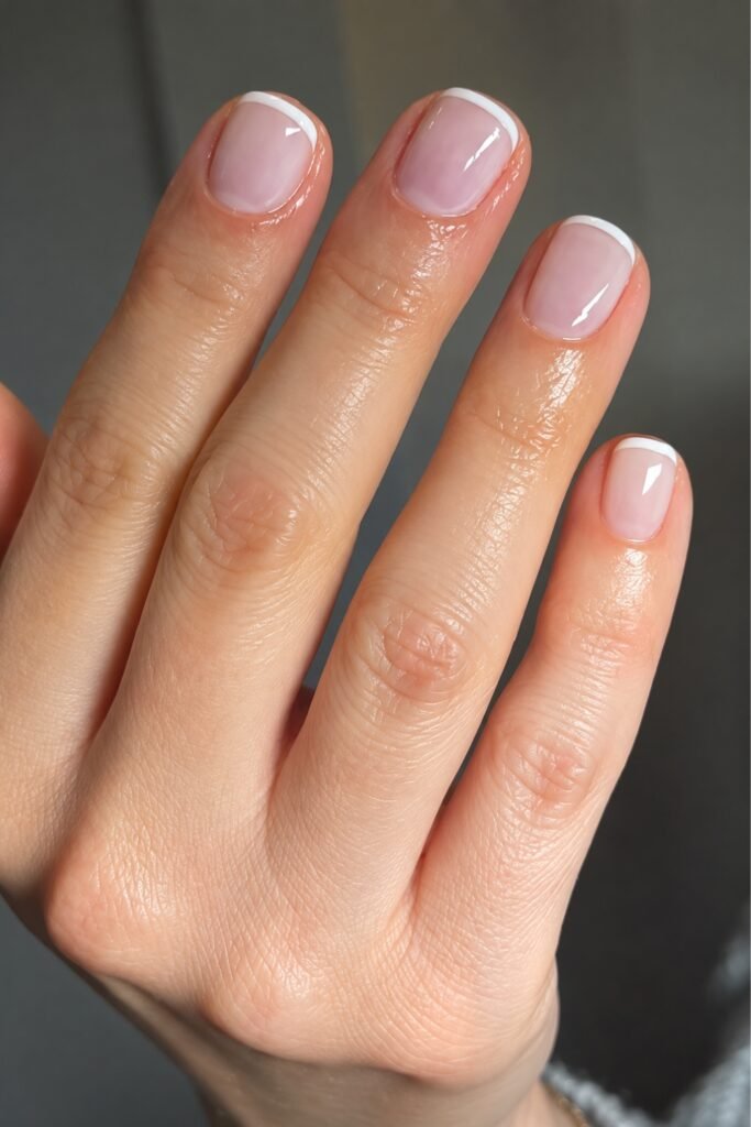 Short nails with a barely-there French manicure