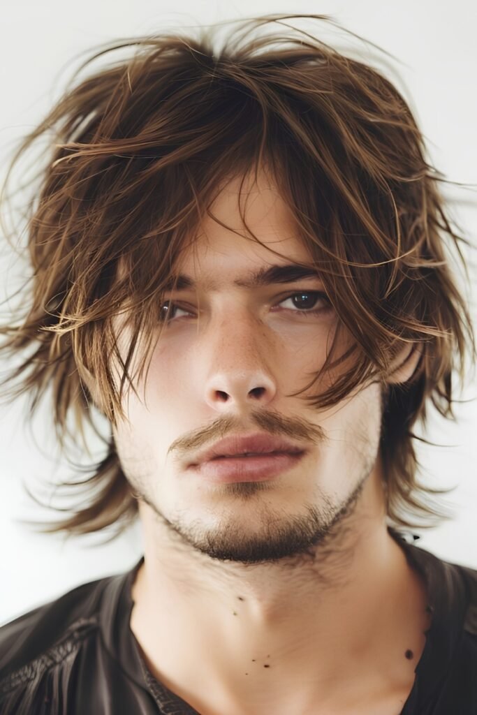 Man with bedhead layers and a long fringe