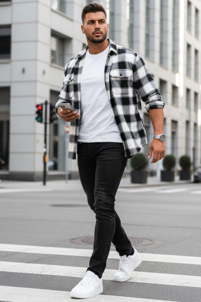 Man in an open black and white plaid flannel over a white tee with black jeans