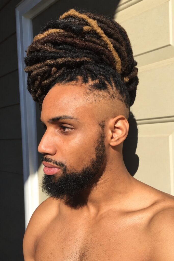 Dread bun with blonde-tipped locs