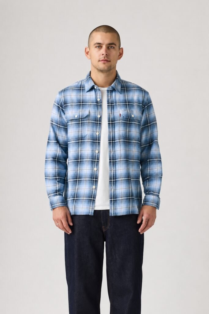 Man in a blue plaid flannel over a white tee with dark denim