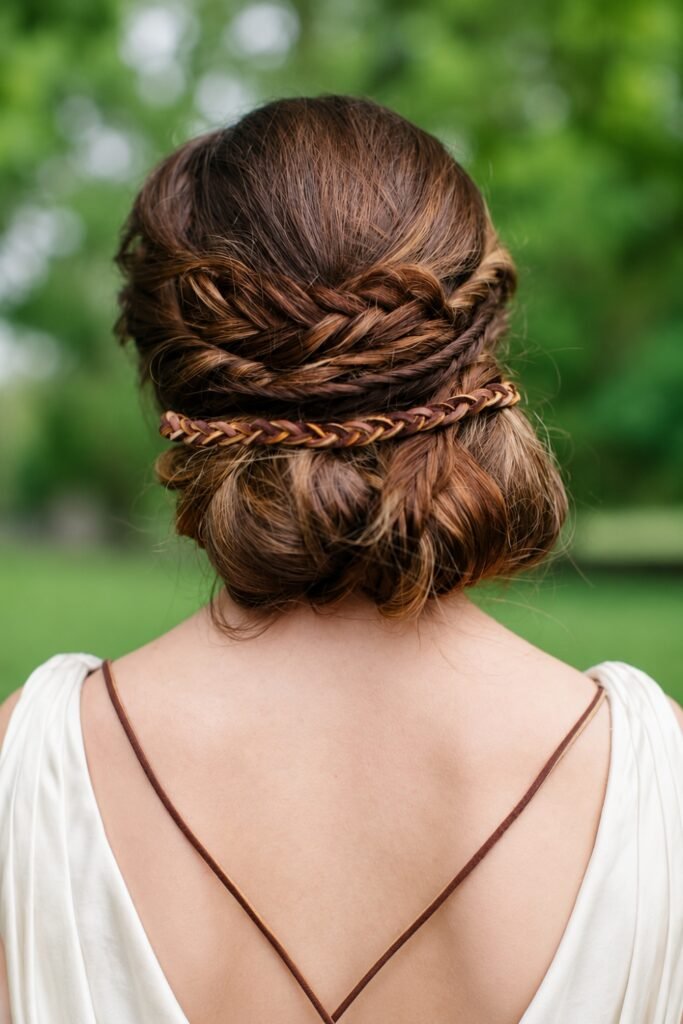 Back view of a braided bun with a ribbon fillet