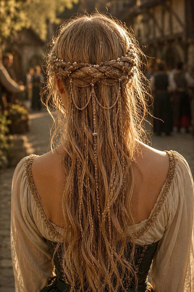 Back view of a braided coronet with gold chains over long hair