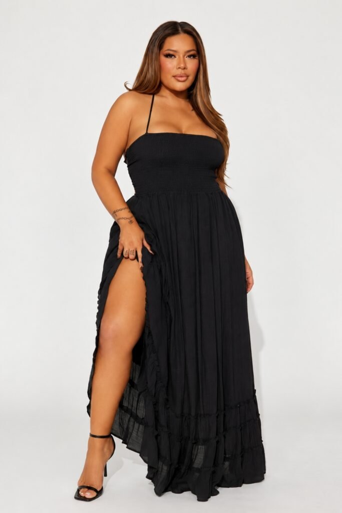 Plus-size flowing black maxi dress