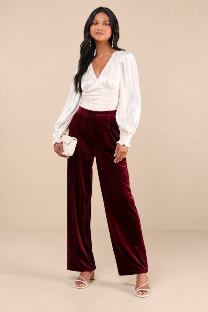 Burgundy Velvet Trousers + Satin Blouse