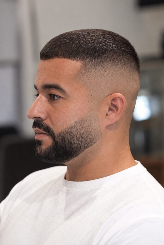 Buzz fade paired with a short boxed beard