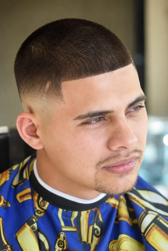 Buzz cut with a crisp line-up at the forehead