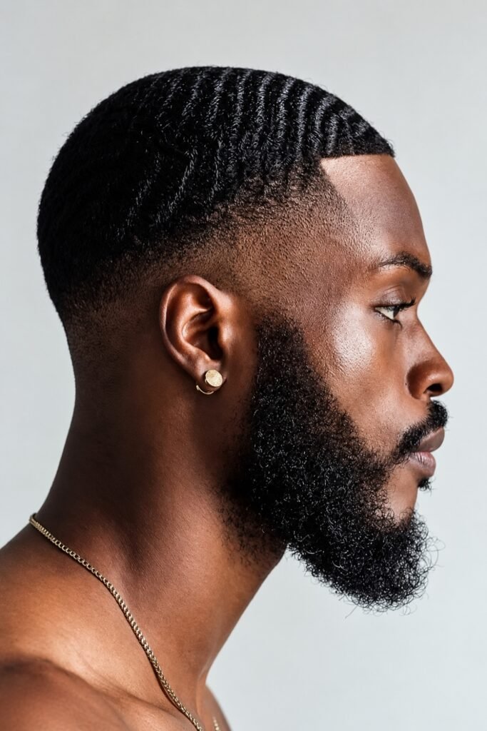 Buzz fade with 360 waves and a full beard, side profile