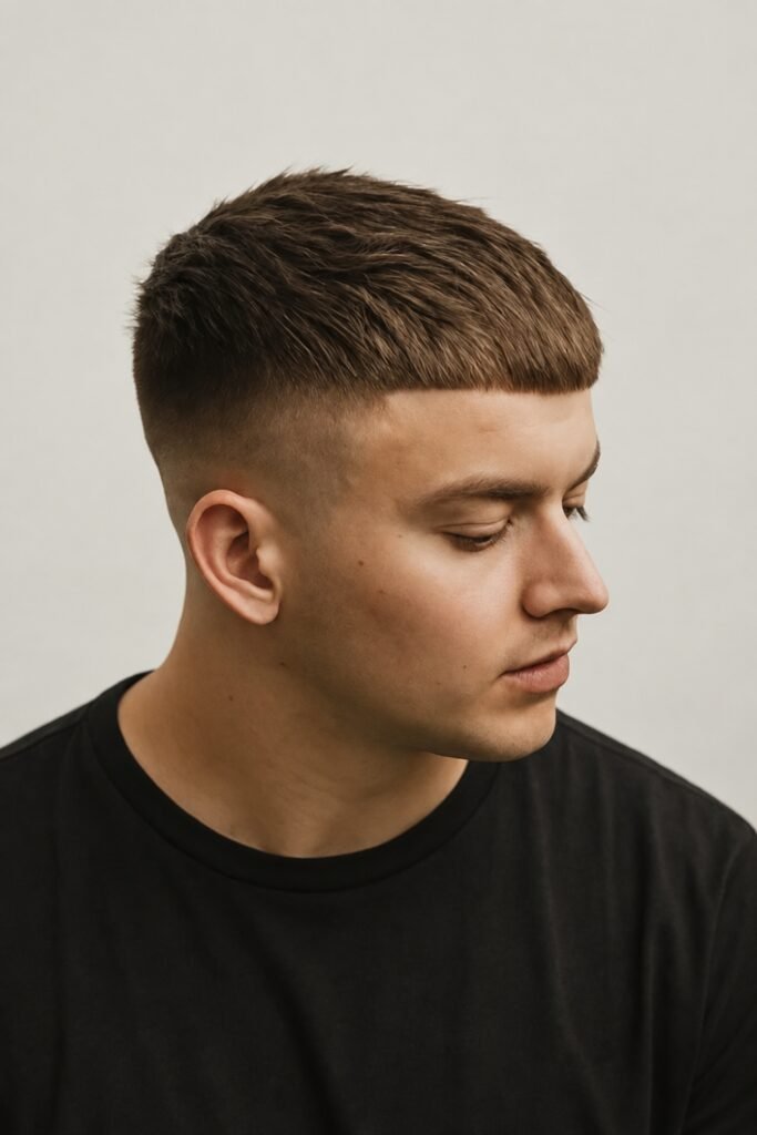 Man with a Caesar cut and a short straight fringe
