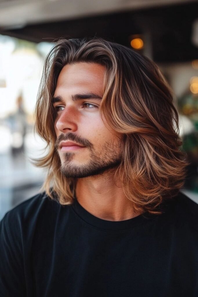 Caramel balayage on long brown hair on a man