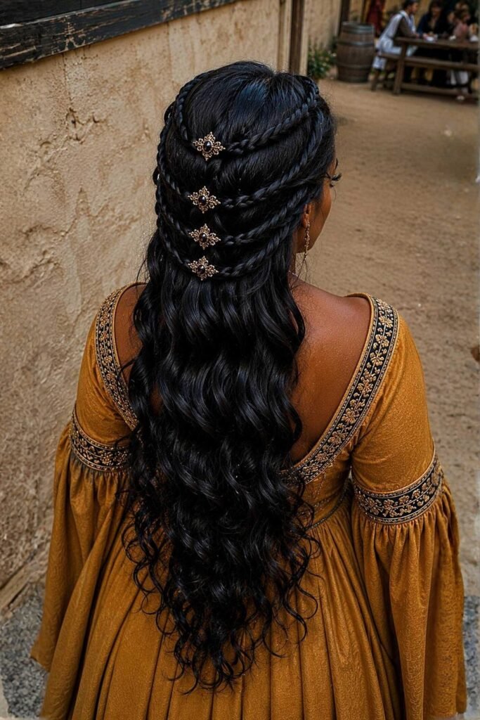 Back view of cascading half-up braids with gold pins