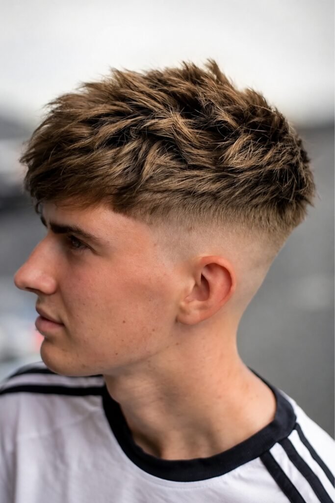 Side view of a choppy crop shag with faded sides