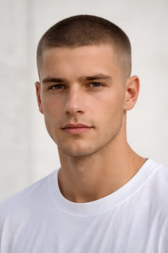 Man with a classic buzz cut and a white tee