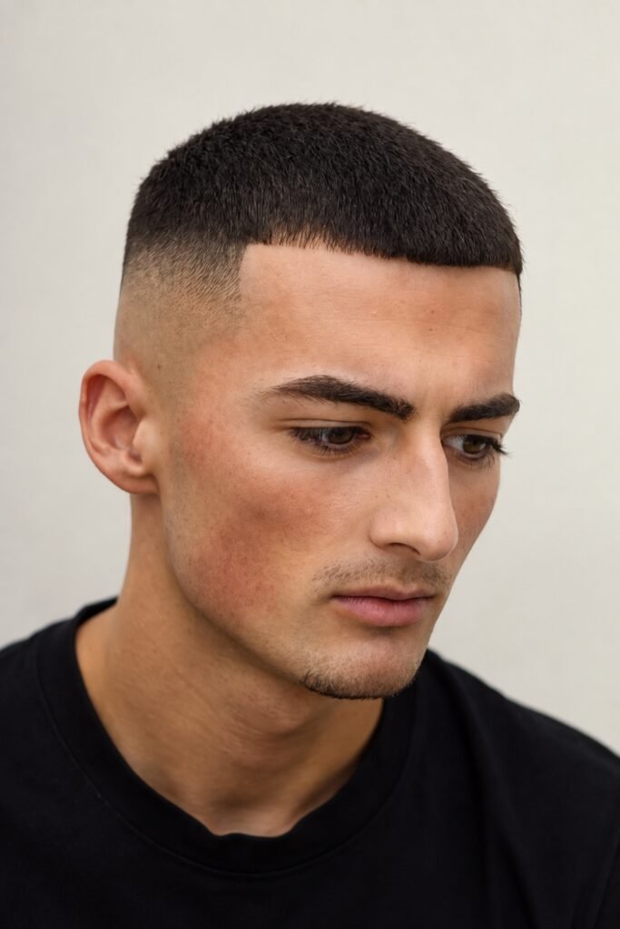 Front view of a classic buzz cut with faded sides