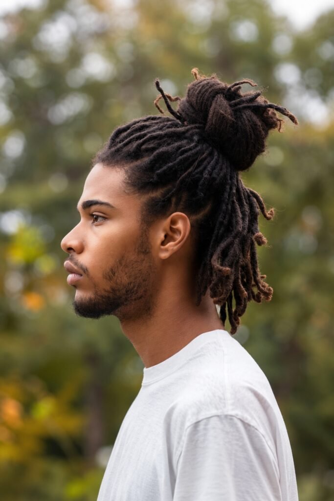 High loc bun on a man with long locs