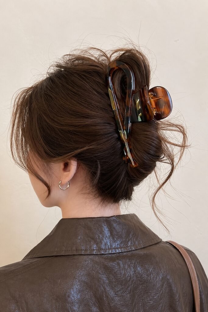 Back view of a messy bun held with a tortoiseshell claw clip