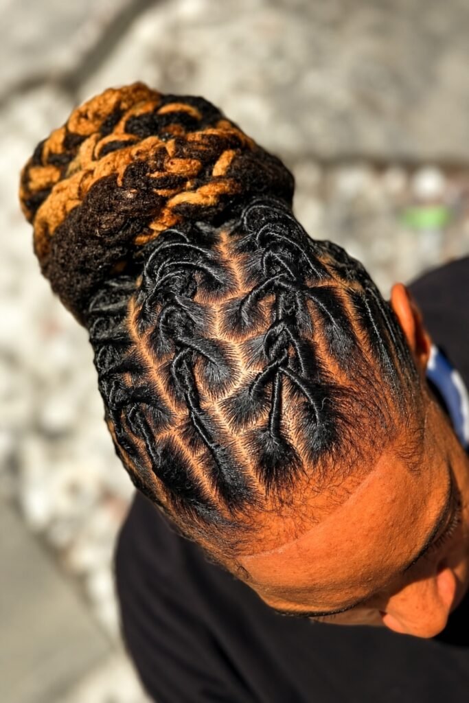 Loc bun with cornrow roots