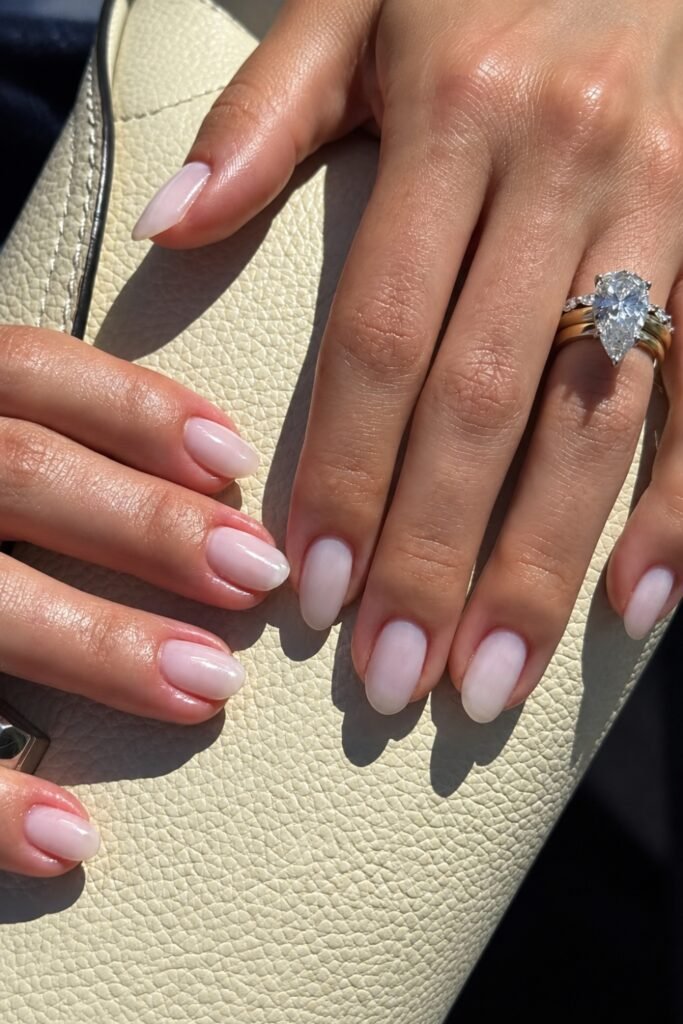 Creamy white nails with an engagement ring