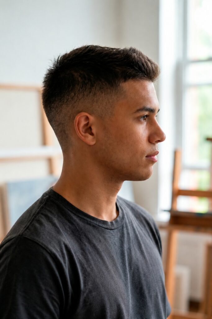 Side view of a crew cut with a soft taper