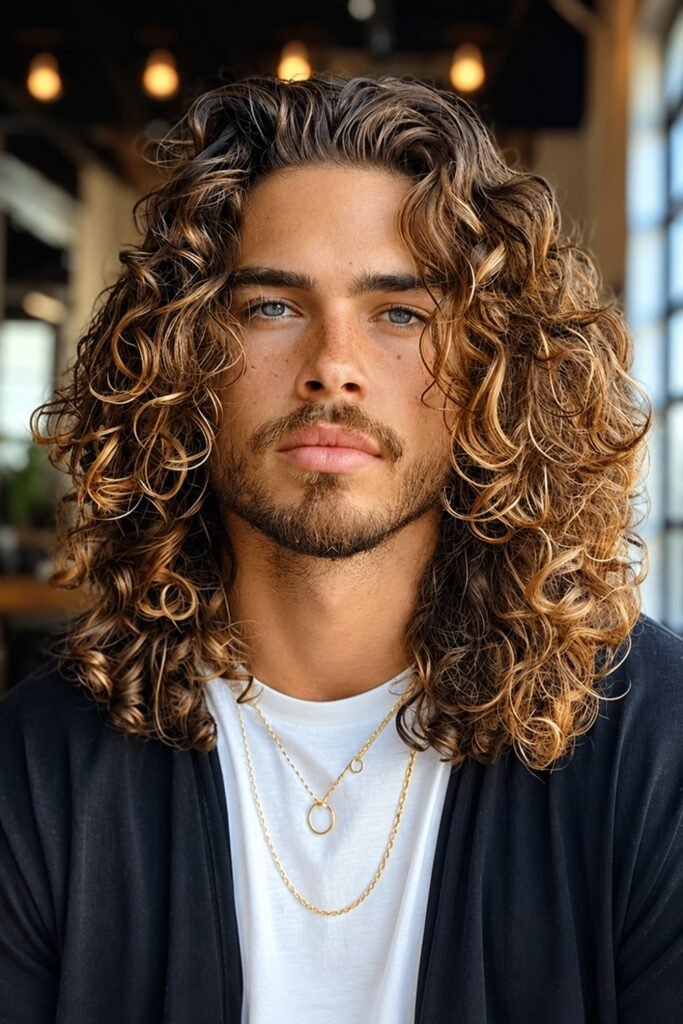 Curly hair with warm balayage ends