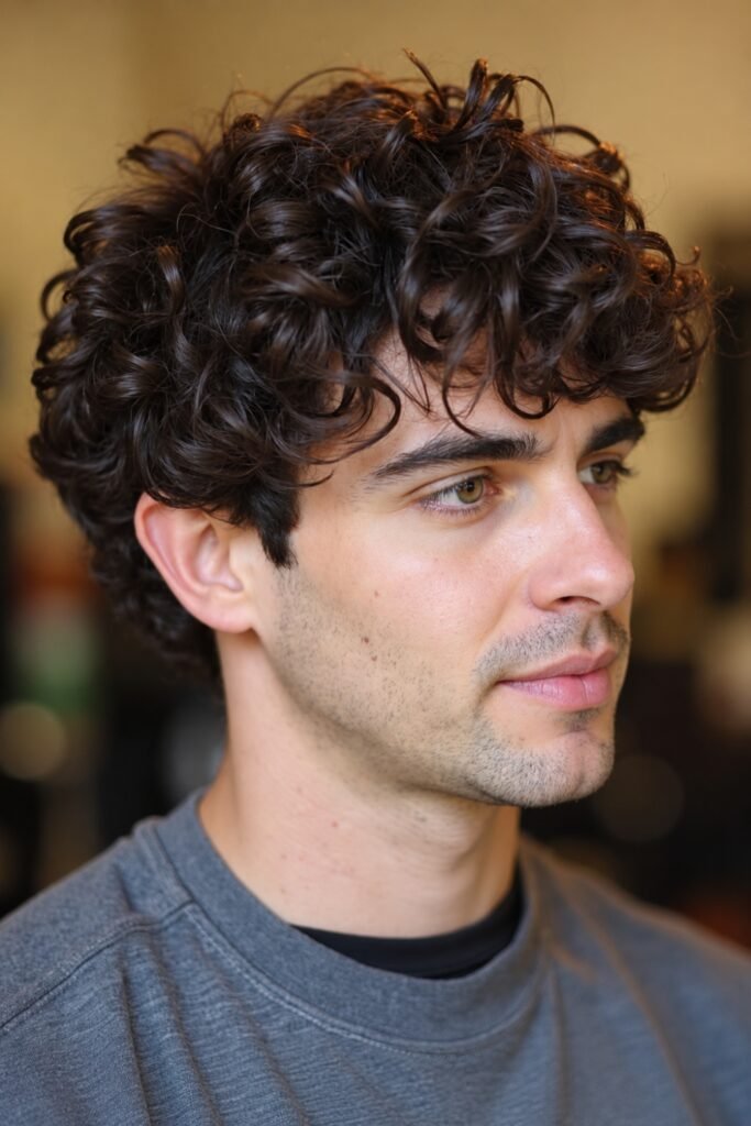 Man with curly bangs and a medium-length curly flow