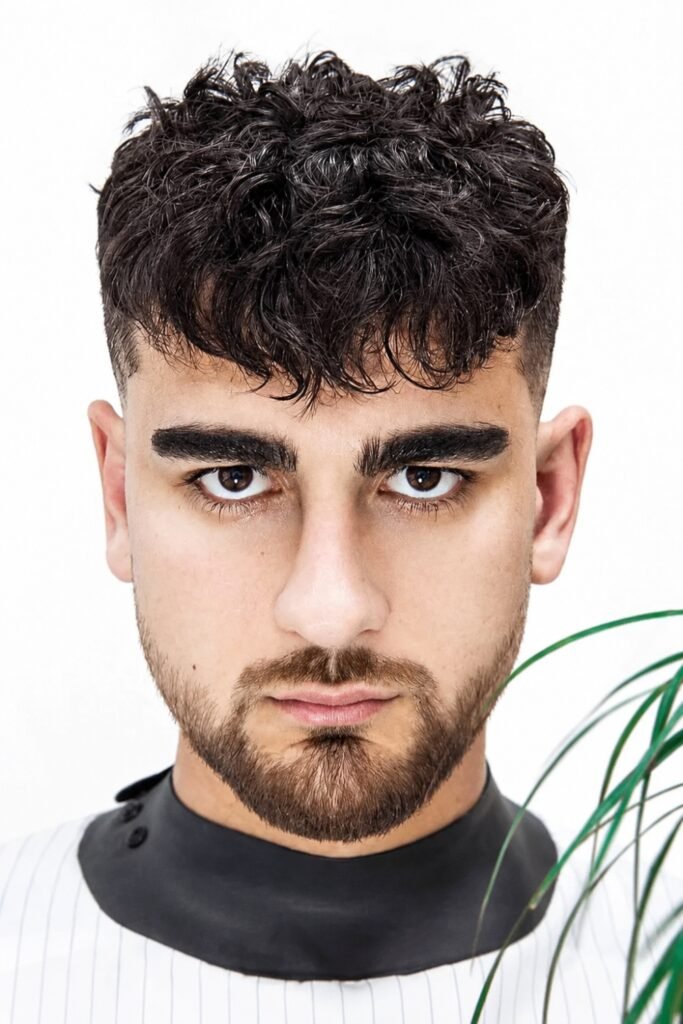 Curly fringe with a taper