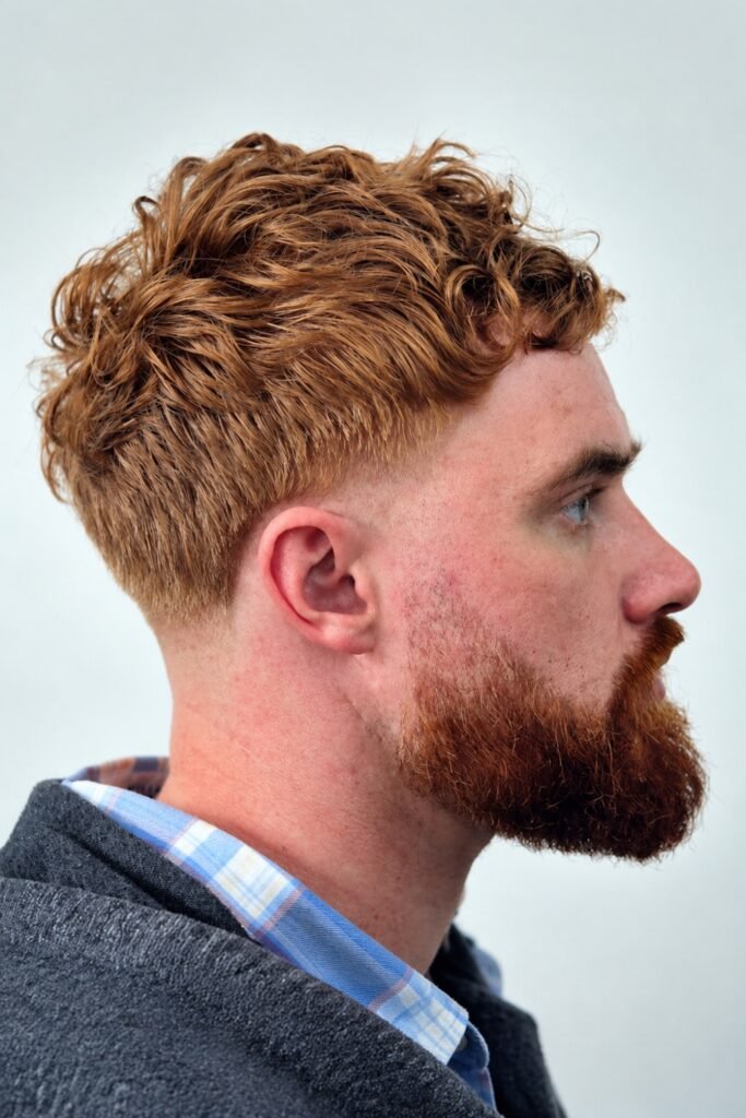 Curly ginger hair with a low taper