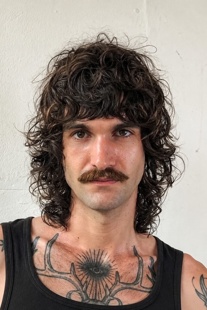 Curly shag with a fringe and moustache