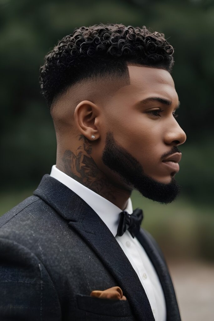 Curly top with tapered sides and a beard