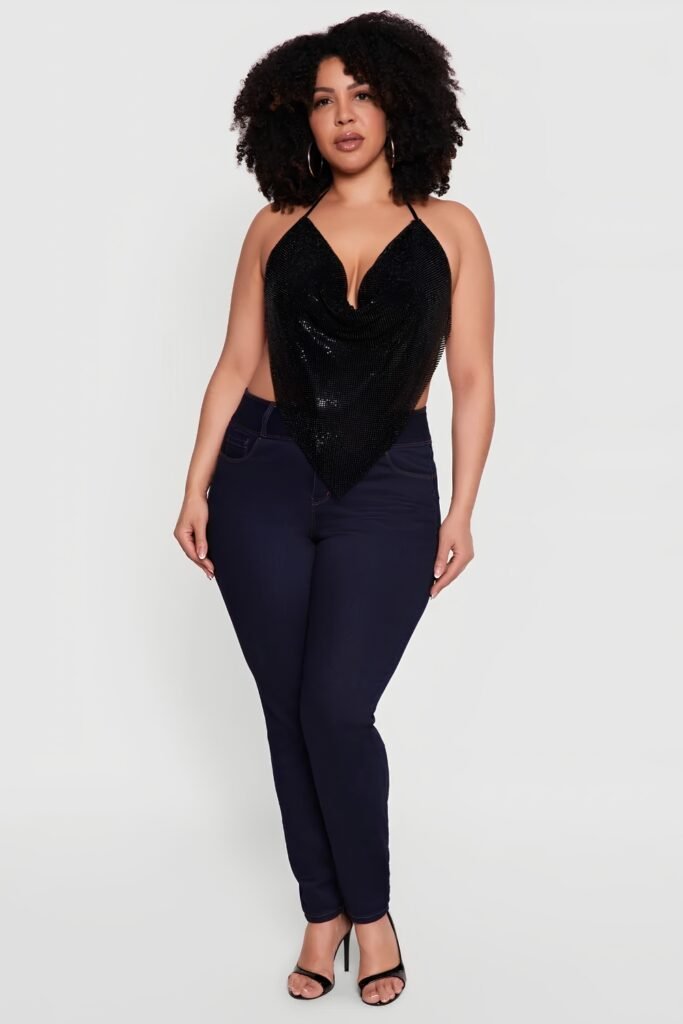 Plus-size dark denim with an embellished top