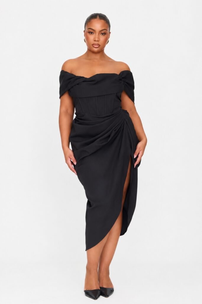 Plus-size draped satin midi dress for a birthday dinner