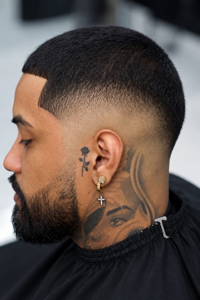 Side view of a buzz cut with a drop fade and a full beard