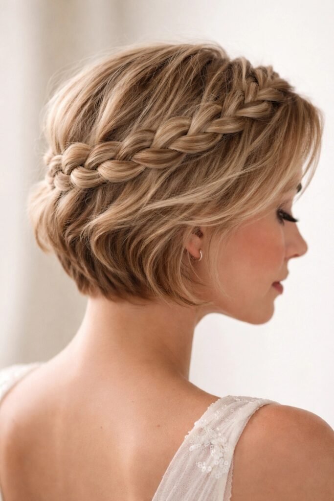 Faux crown braid on short blonde hair, side view