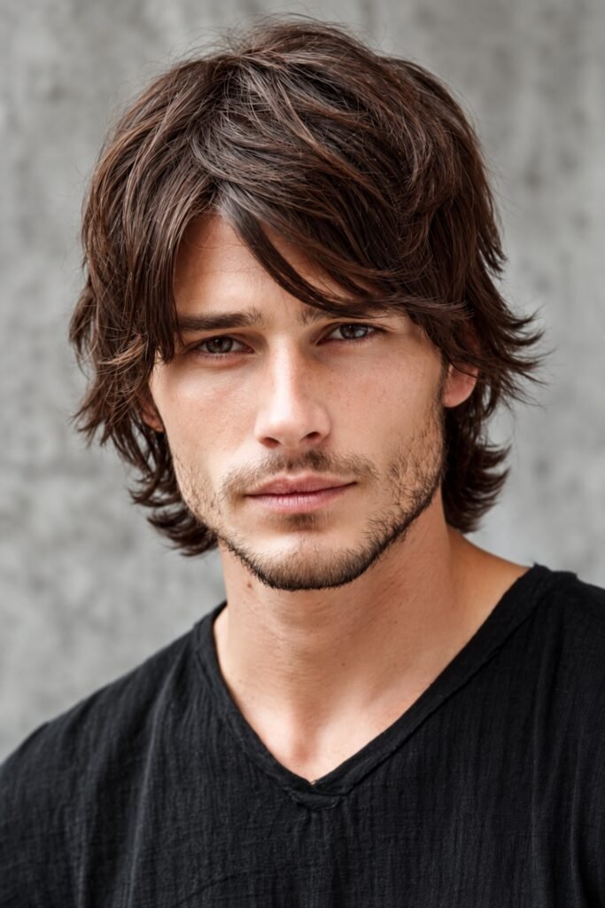 Man with feathered bangs and a medium flow haircut