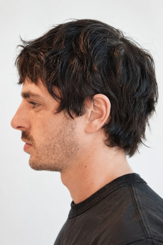 Side profile of a short layered shag on fine dark hair