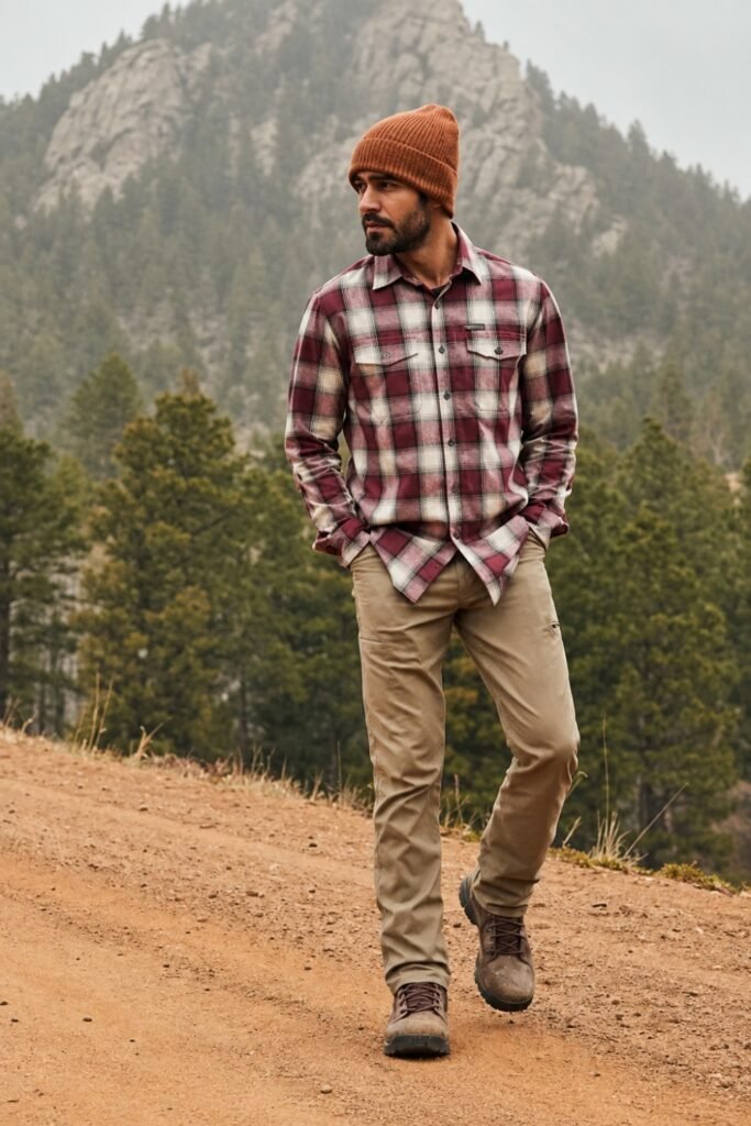 Man in a plaid flannel with cargo trousers and hiking boots on a mountain trail