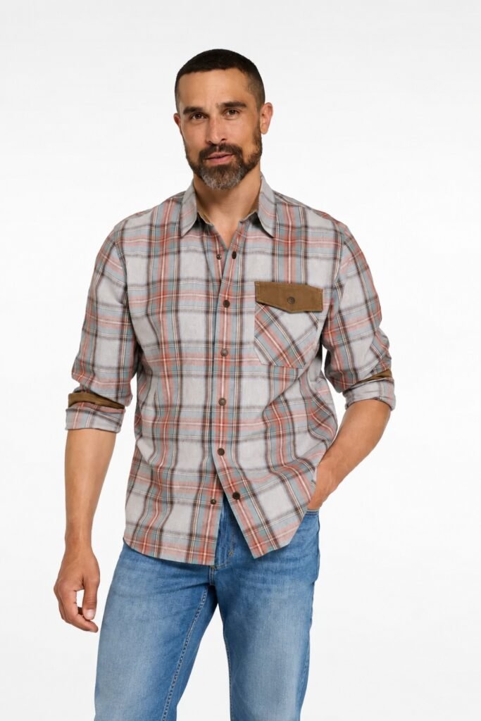 Man in an earth-tone plaid flannel over a henley with straight jeans