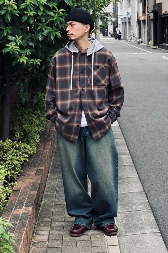 Man in a plaid flannel layered over a hoodie with relaxed jeans