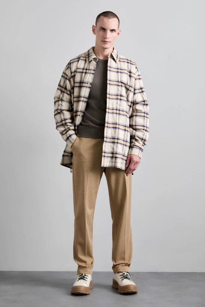 Man in a plaid flannel overshirt over a knit with tan trousers