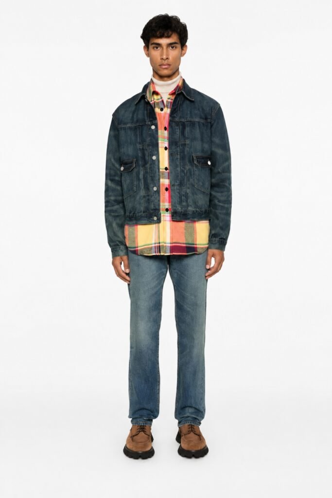 Man in a plaid flannel under a denim jacket with jeans