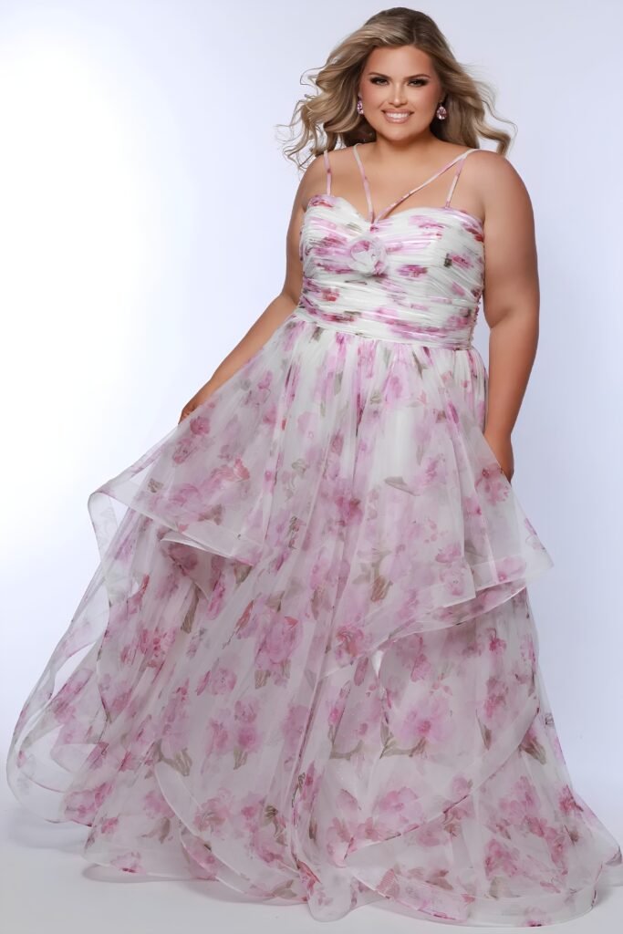 Plus-size floral mesh gown