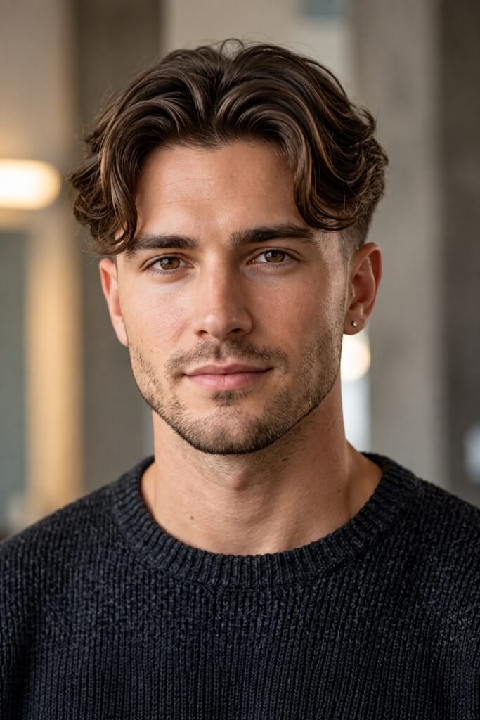 Man with a curtain-bang flow haircut parted at the center