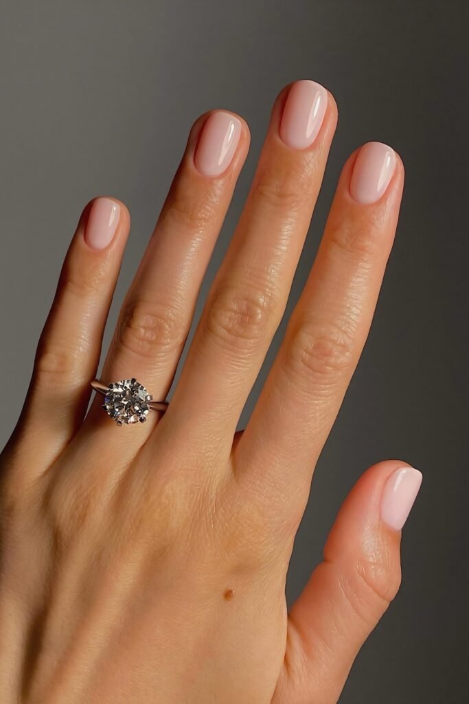 Foundation-nude nails with a dark-stone ring