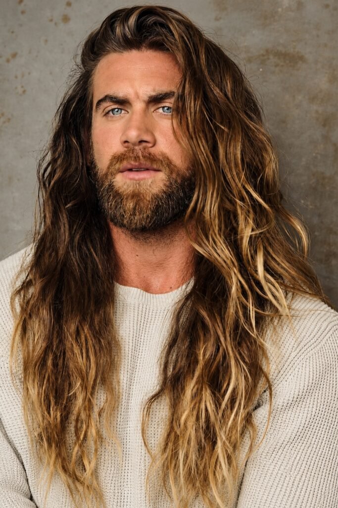 Golden-brown balayage on wavy hair