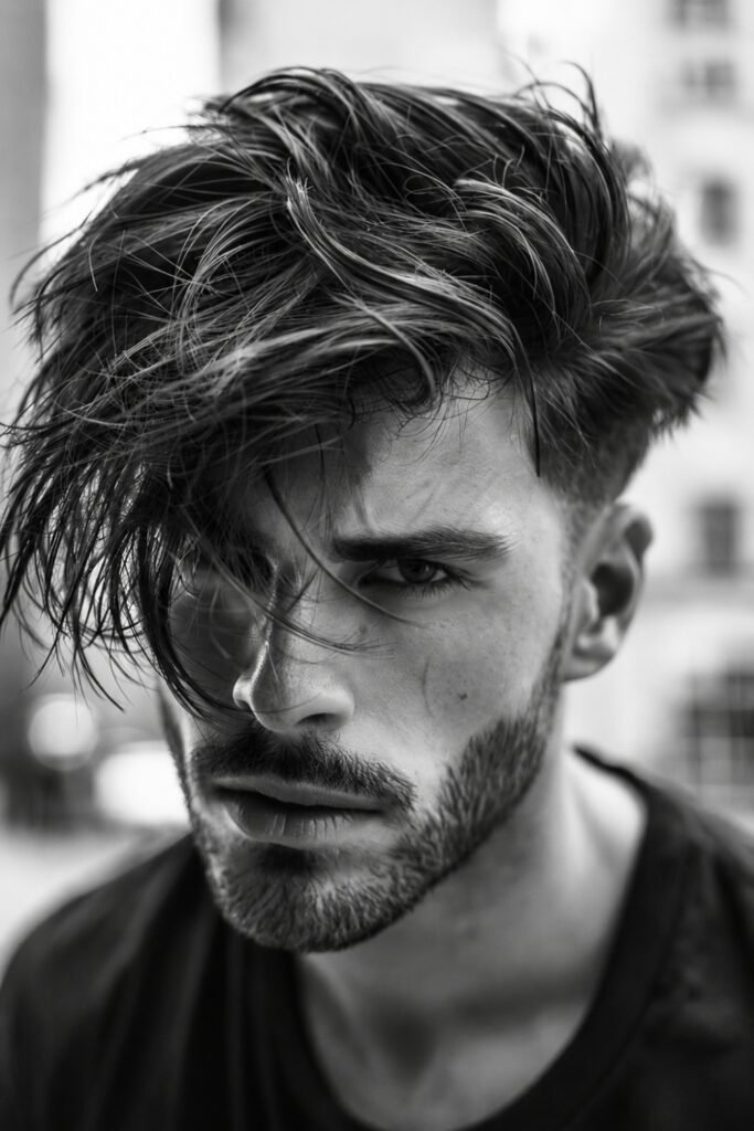 Black-and-white portrait of a man with grunge-style messy hair