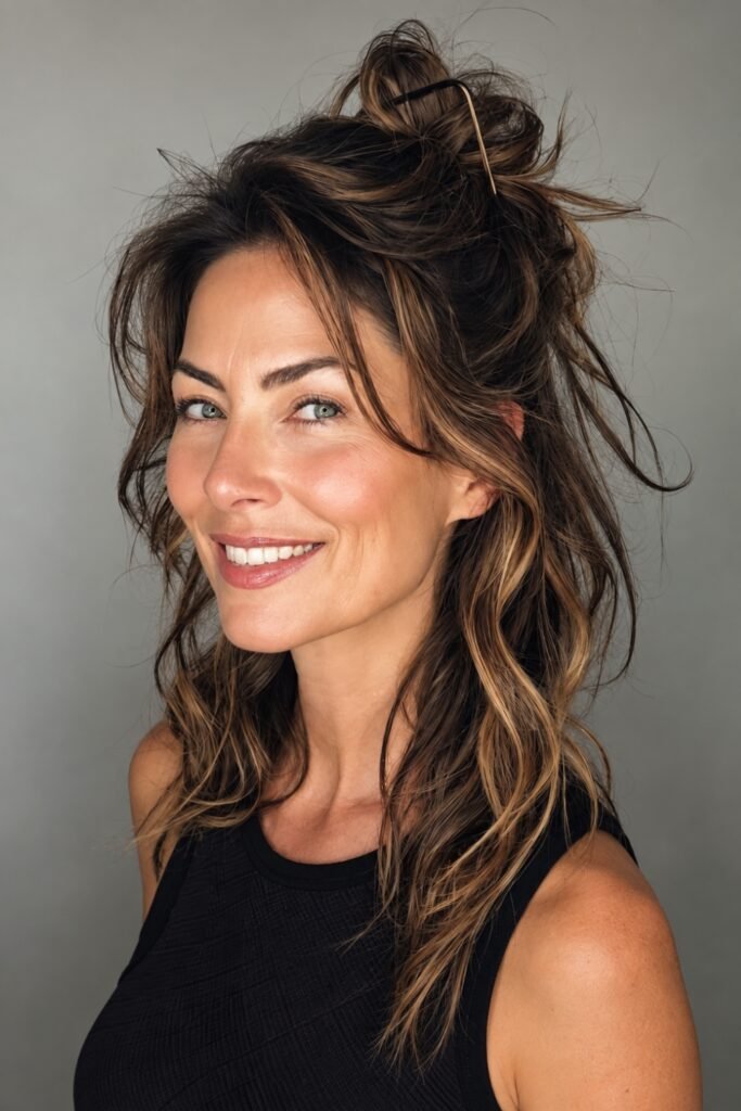 Half-up hairstyle with loose face-framing pieces