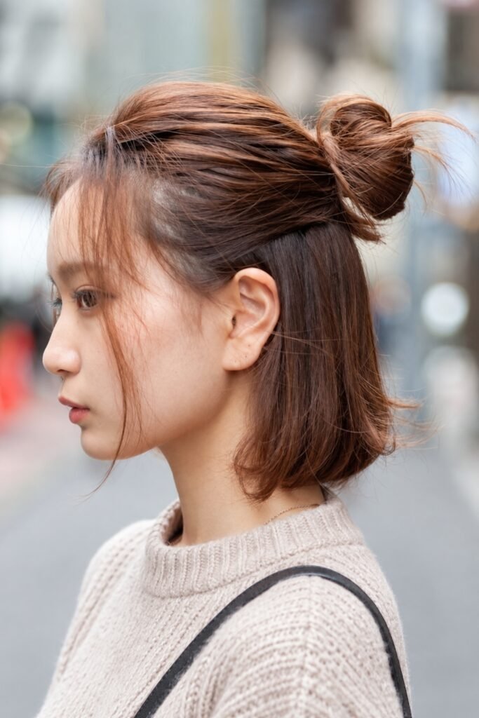 Side view of a half-up mini bun on shoulder-length hair